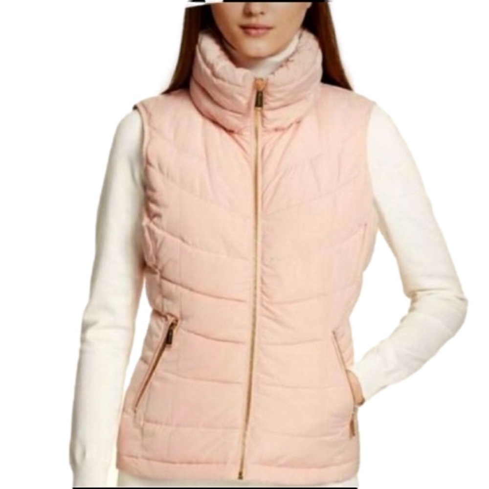 CALVIN KLEIN Quilted Puffer Vest Dusty Pink Rose Gold Tone Zippers Women XS